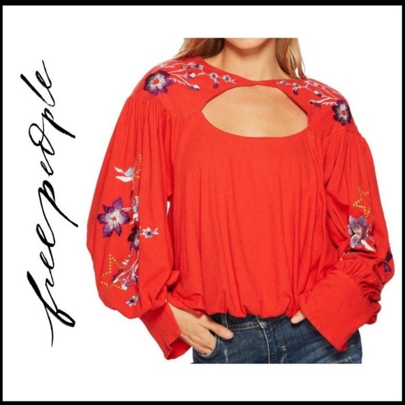 Free People Tops - FREE PEOPLE Embroidered Balloon Sleeve Cutout Top